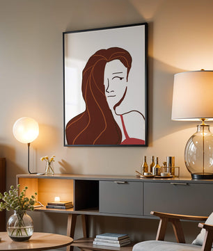 Ilustración estilizada de una mujer con cabello fluyendo y diseño minimalista