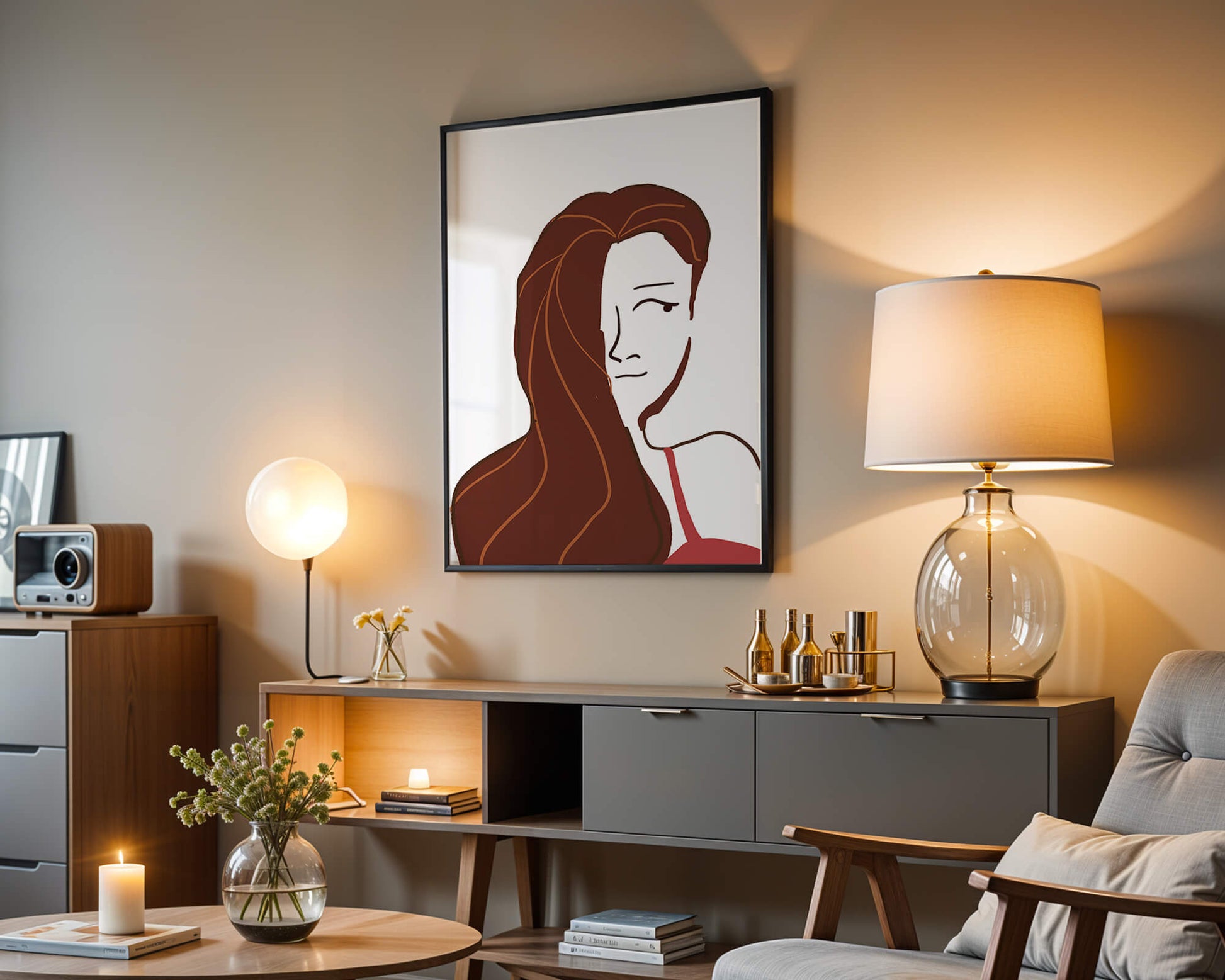 Ilustración estilizada de una mujer con cabello fluyendo y diseño minimalista