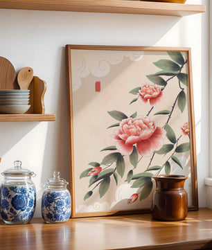 Oriental floral illustration with pink peonies and calligraphy