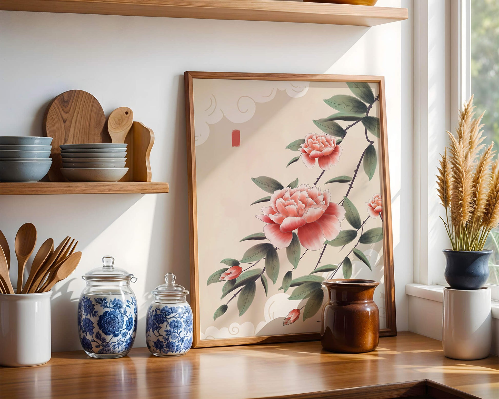 Oriental floral illustration with pink peonies and calligraphy