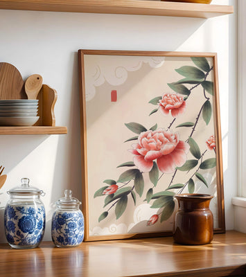 Oriental floral illustration with pink peonies and calligraphy