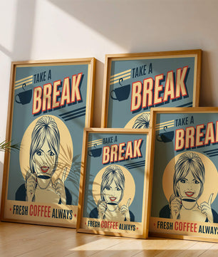 Retro Coffee Break Poster with Woman Holding a Cup - Mi tienda
