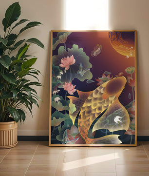 Bunte Koi-Fische mit Lotusblumen und Schmetterlingen bei Sonnenuntergang