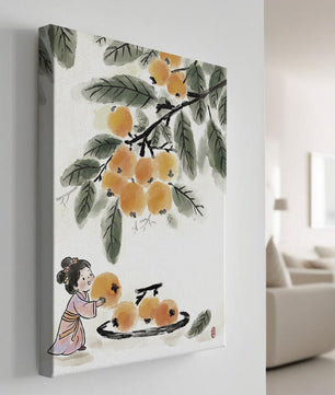 Arte japonés con una niña recogiendo caquis bajo un árbol