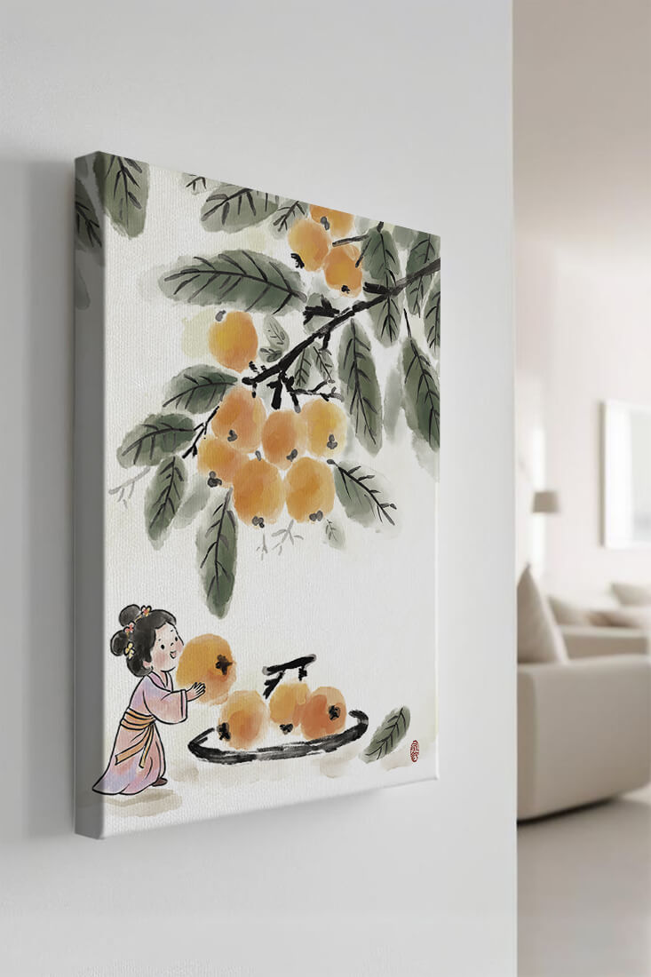 Arte japonés con una niña recogiendo caquis bajo un árbol