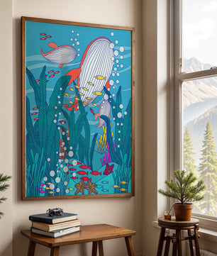 Underwater world illustration with whales and fish amidst seaweed