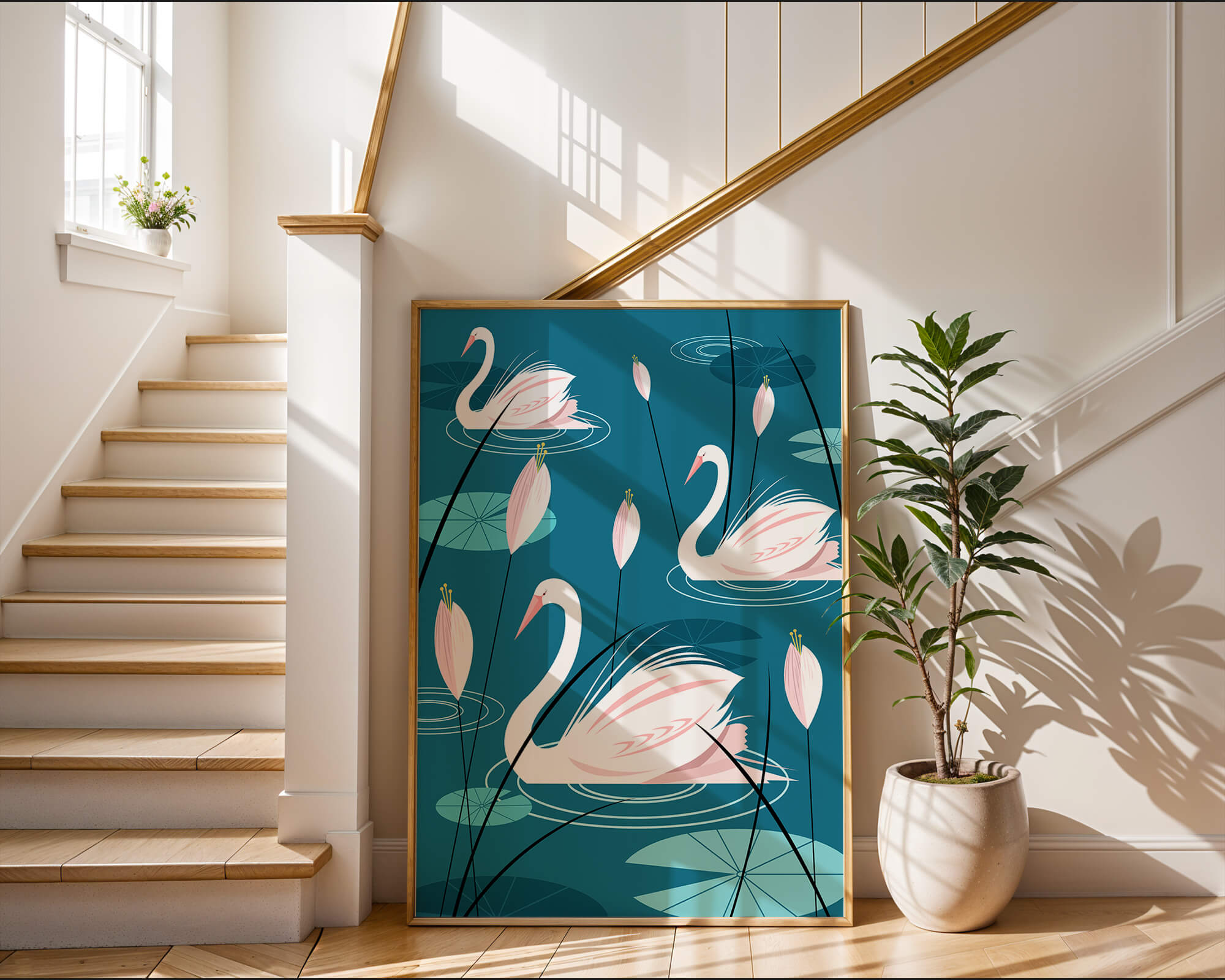 Serene illustration of swans gracefully gliding on a pond with lily pads