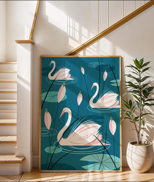 Serene illustration of swans gracefully gliding on a pond with lily pads