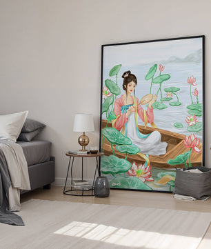 Femme élégante en tenue traditionnelle assise dans une barque parmi des fleurs de lotus