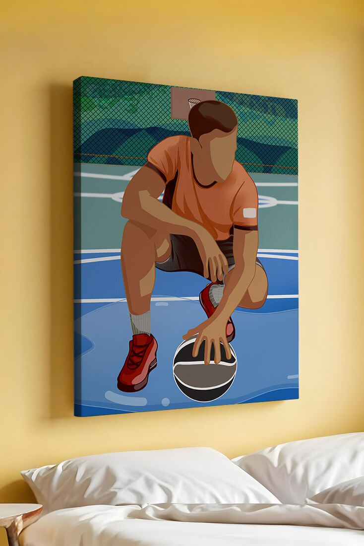 Illustration of a basketball player on a court in a dynamic pose