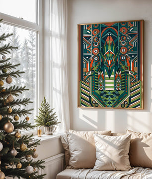 Design géométrique abstrait inspiré de l’Art déco avec des motifs symétriques et un motif animal