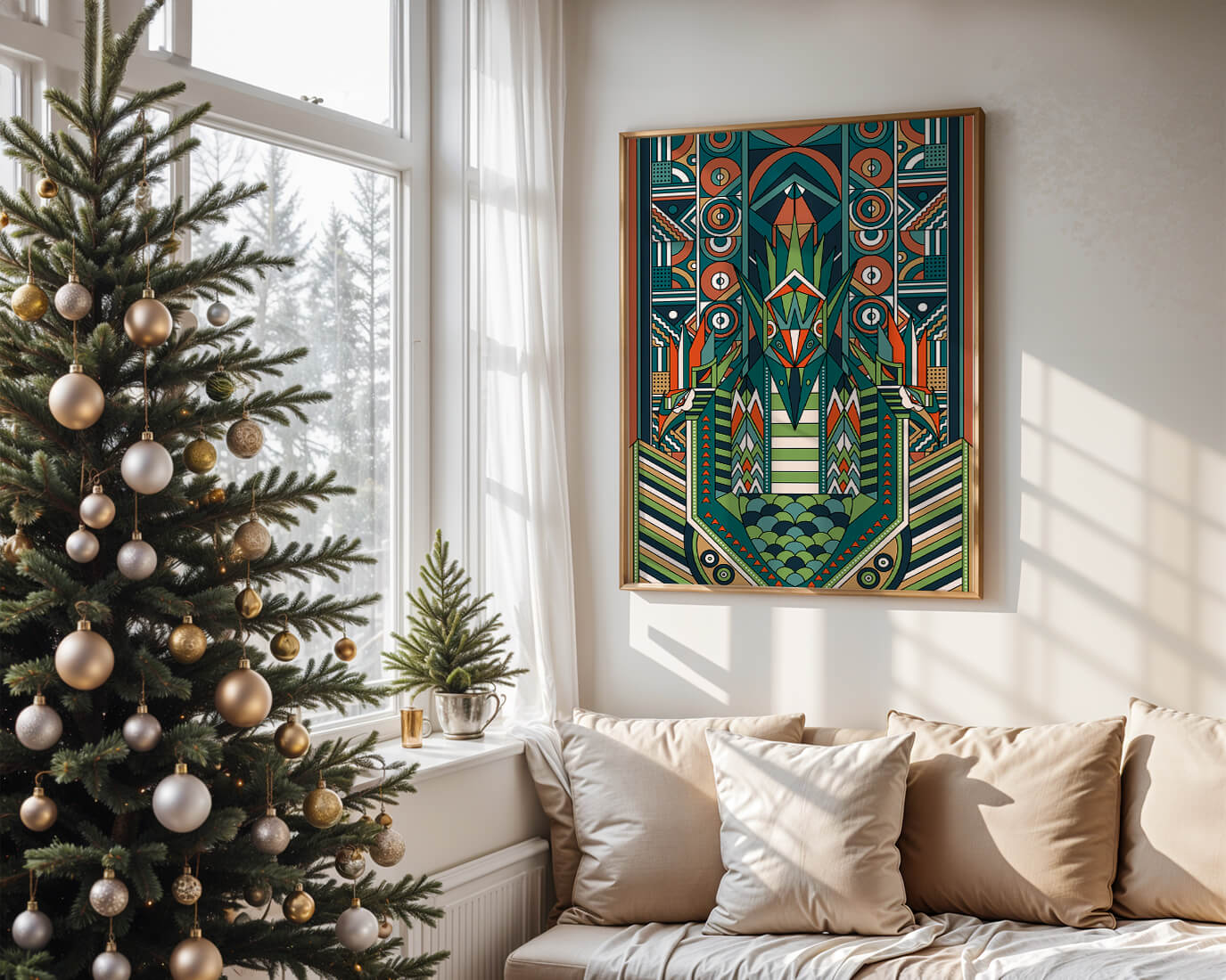 Art Deco Inspired Abstract Geometric Design with Symmetrical Patterns and Animal Motif