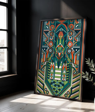 Design géométrique abstrait inspiré de l’Art déco avec des motifs symétriques et un motif animal