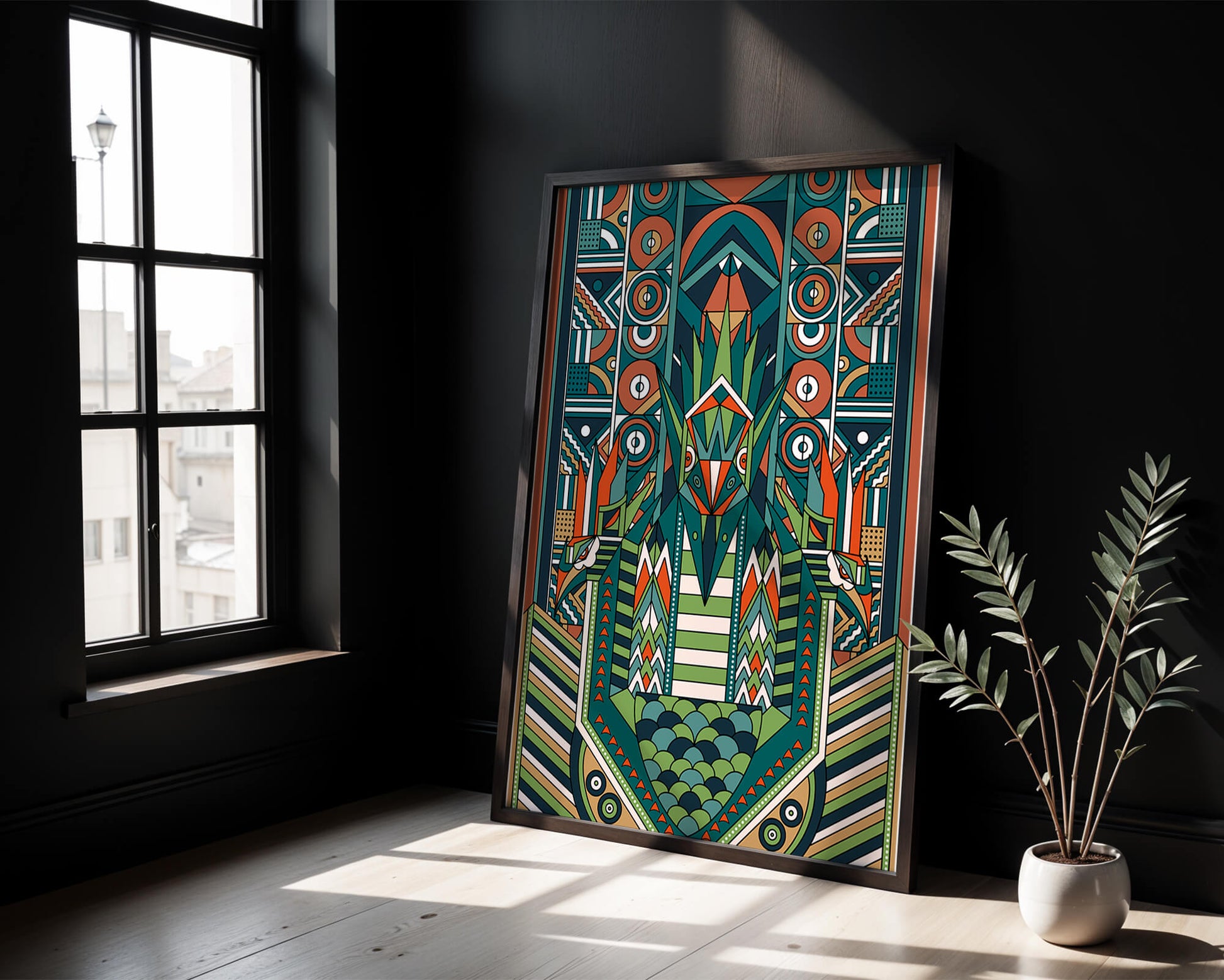 Art Deco Inspired Abstract Geometric Design with Symmetrical Patterns and Animal Motif