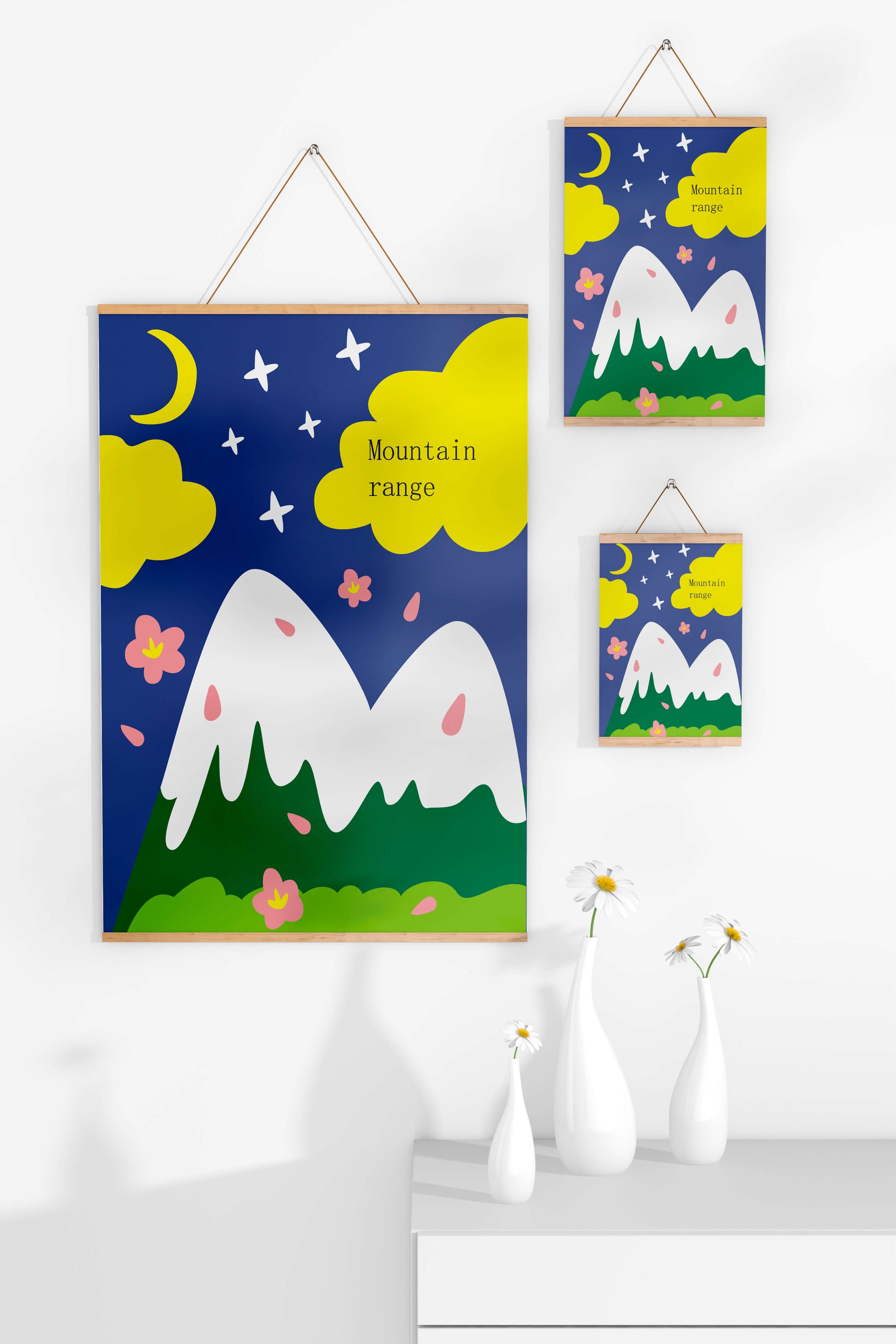 Stylized mountain landscape with starry night background and vibrant clouds