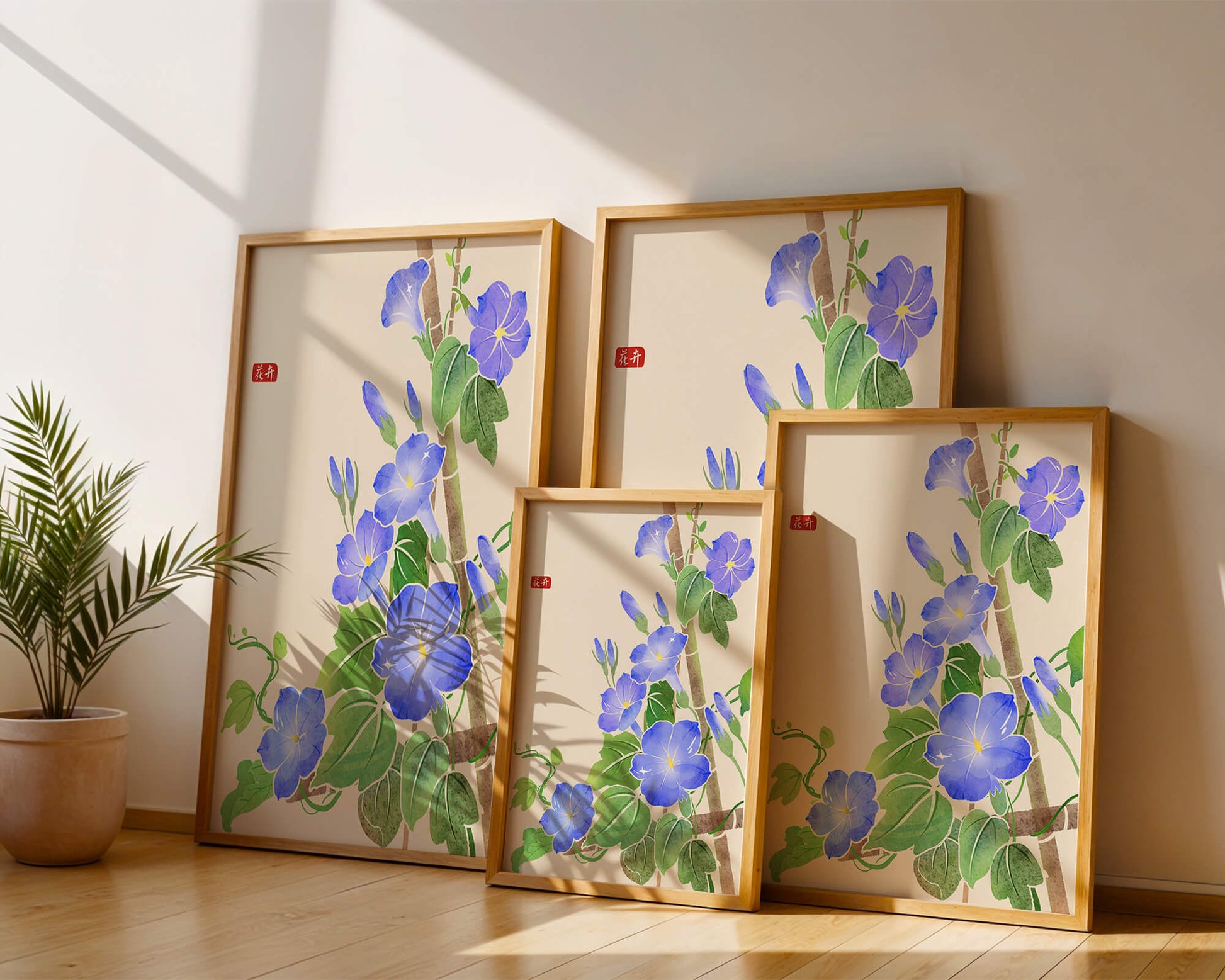 Obra floral delicada con glorias matutinas azules vibrantes
