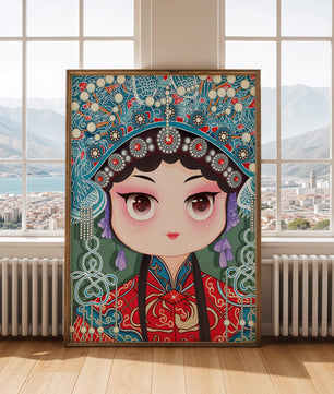 Cute Cartoon Character in Traditional Chinese Clothing with Intricate Headpiece