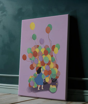 Bunte Luftballons mit einem Kind und einer Katze auf violettem Hintergrund