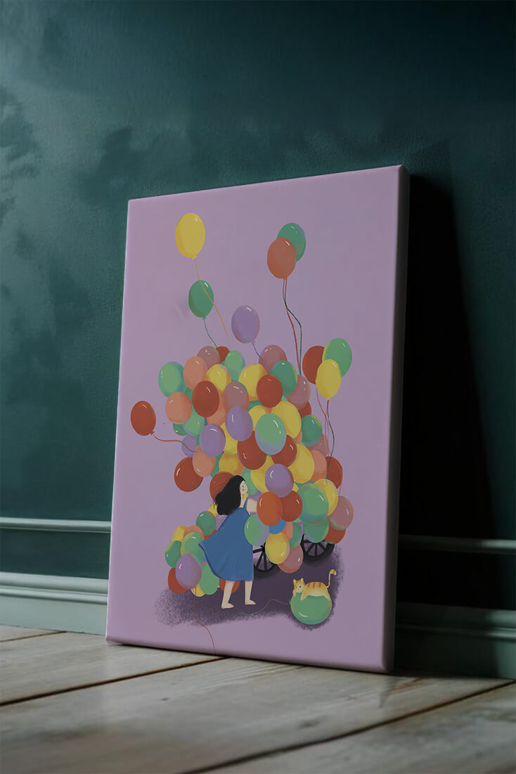 Bunte Luftballons mit einem Kind und einer Katze auf violettem Hintergrund
