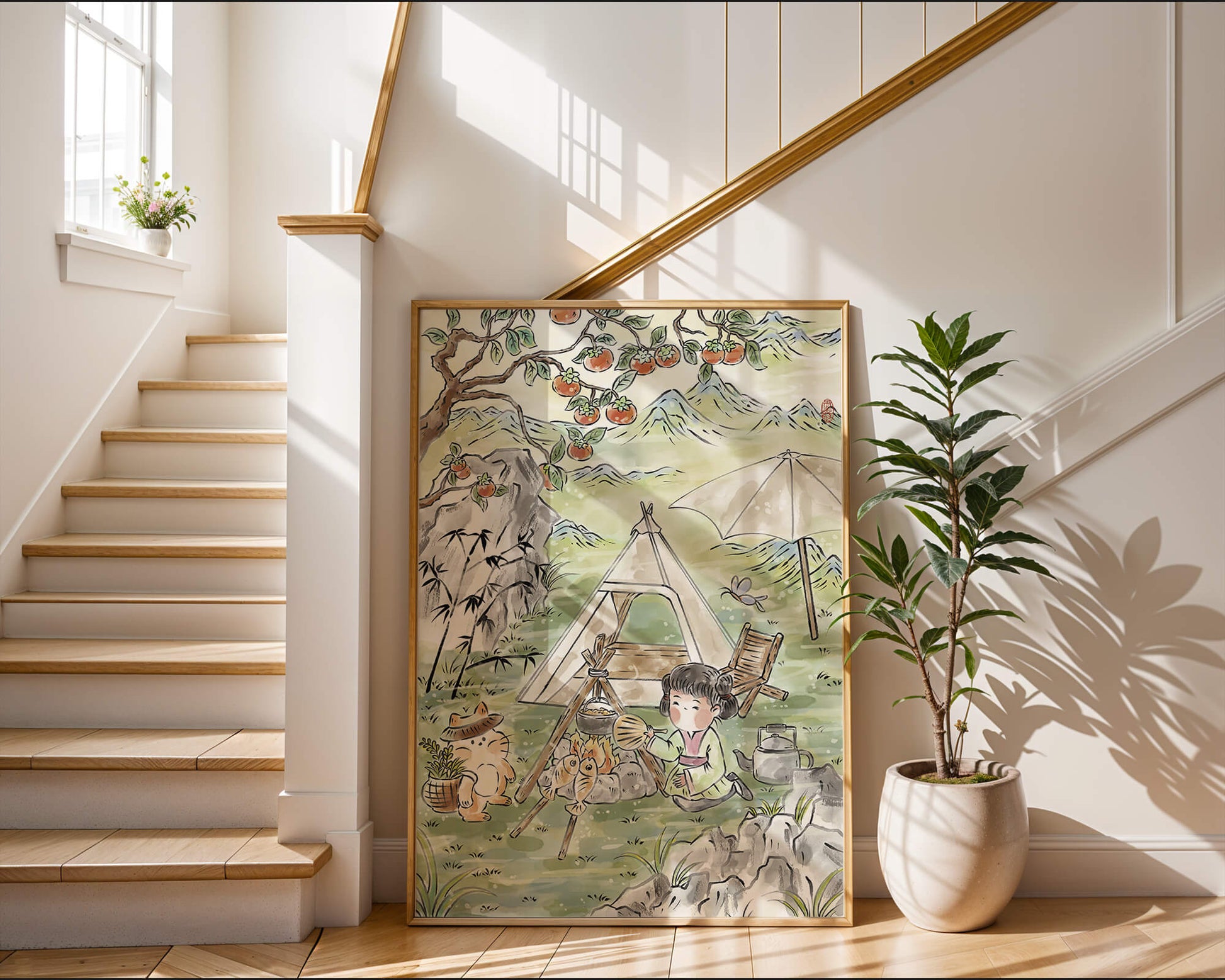 Escena encantadora de camping con un niño y un gato bajo un árbol de caqui