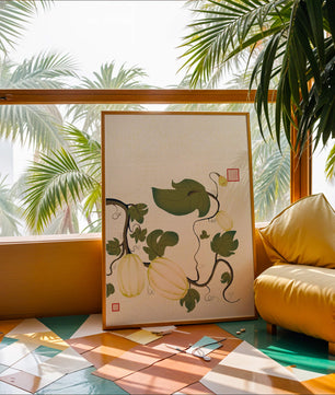 Illustration botanique élégante de melons et de vignes sur un fond texturé