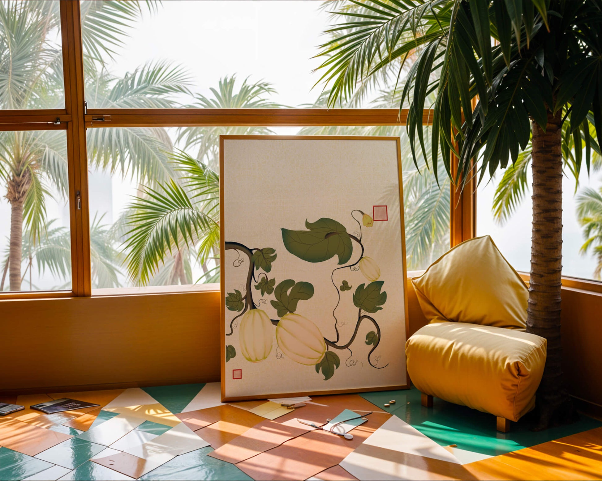 Illustration botanique élégante de melons et de vignes sur un fond texturé