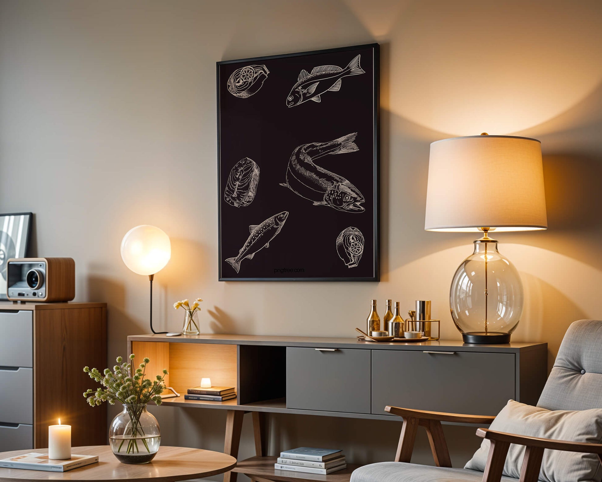 Detailed illustration of fish and seafood elements on dark background