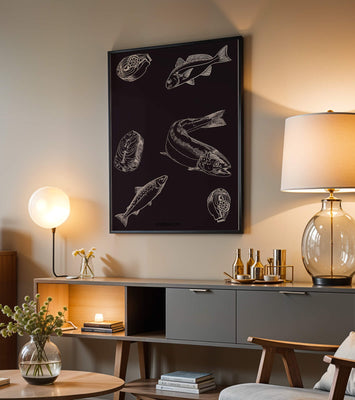 Detailed illustration of fish and seafood elements on dark background
