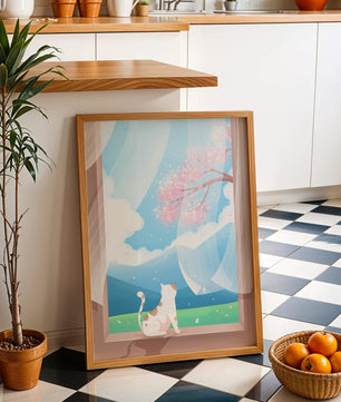 Serene scene with cat gazing out at cherry blossoms through window