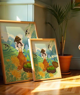 Young girl with basket in vibrant mountain landscape with birds and flowers