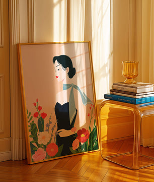 Elegant Woman with Floral Background and Scarf