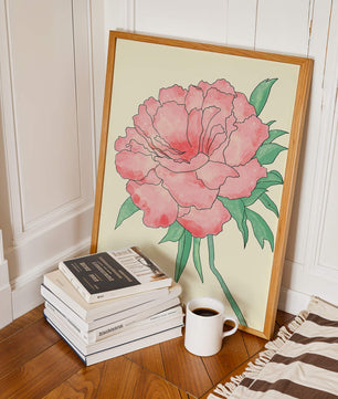 Delicate Pink Peony with Green Leaves Illustration