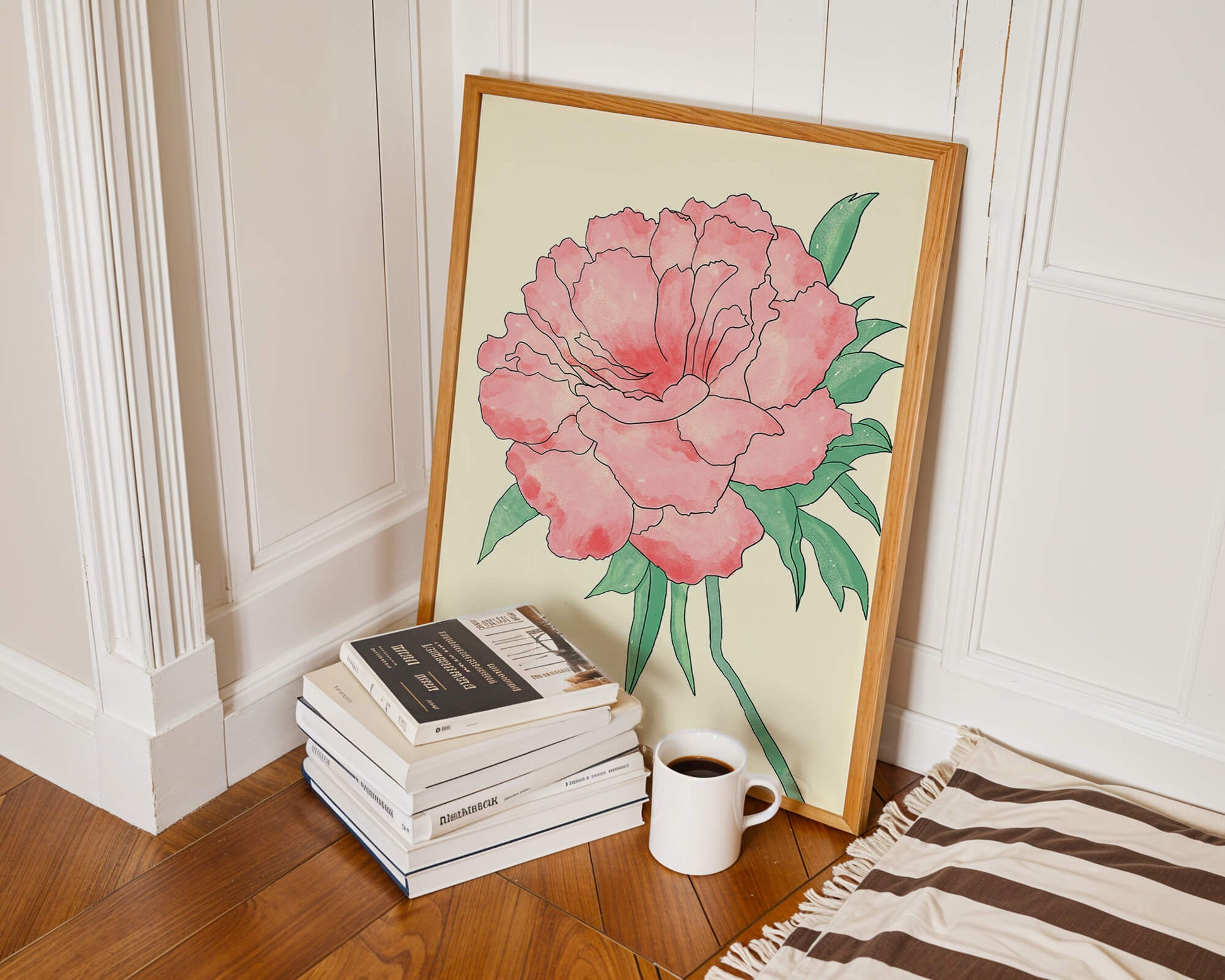 Delicate Pink Peony with Green Leaves Illustration