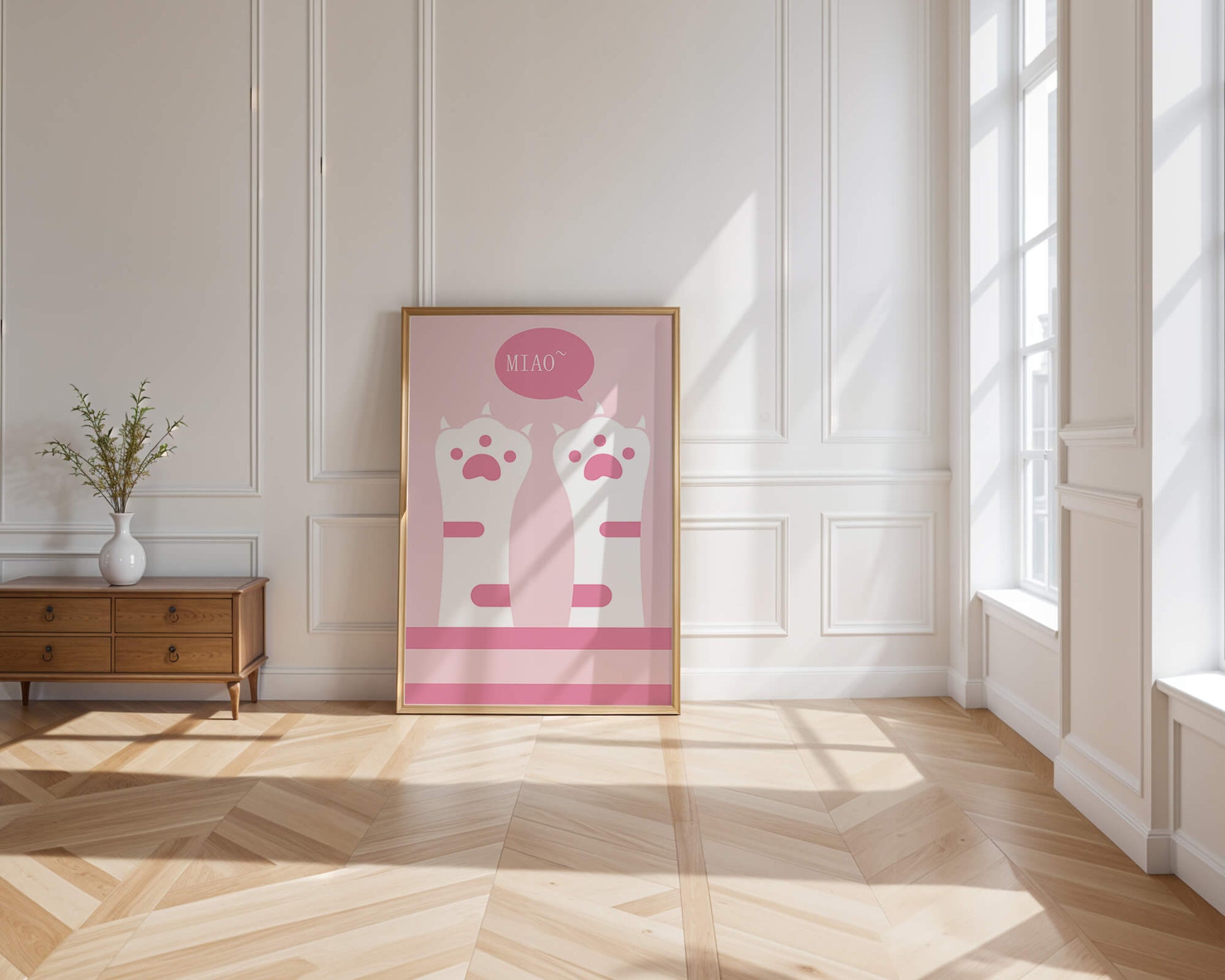 Playful cat paws illustration with speech bubble saying "Miao"