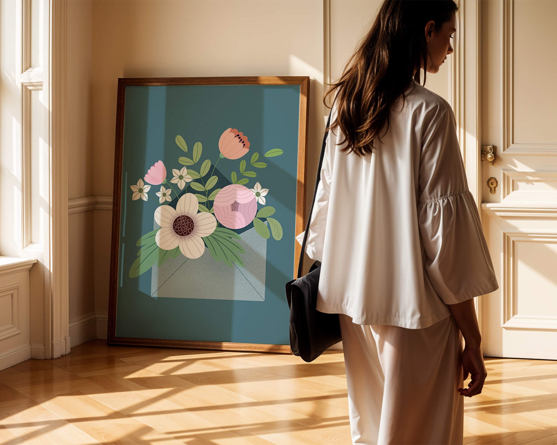 Bouquet floral illustré sortant d'une enveloppe sur un fond bleu sarcelle