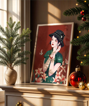 Elegant woman in vintage attire with floral hat and lilies