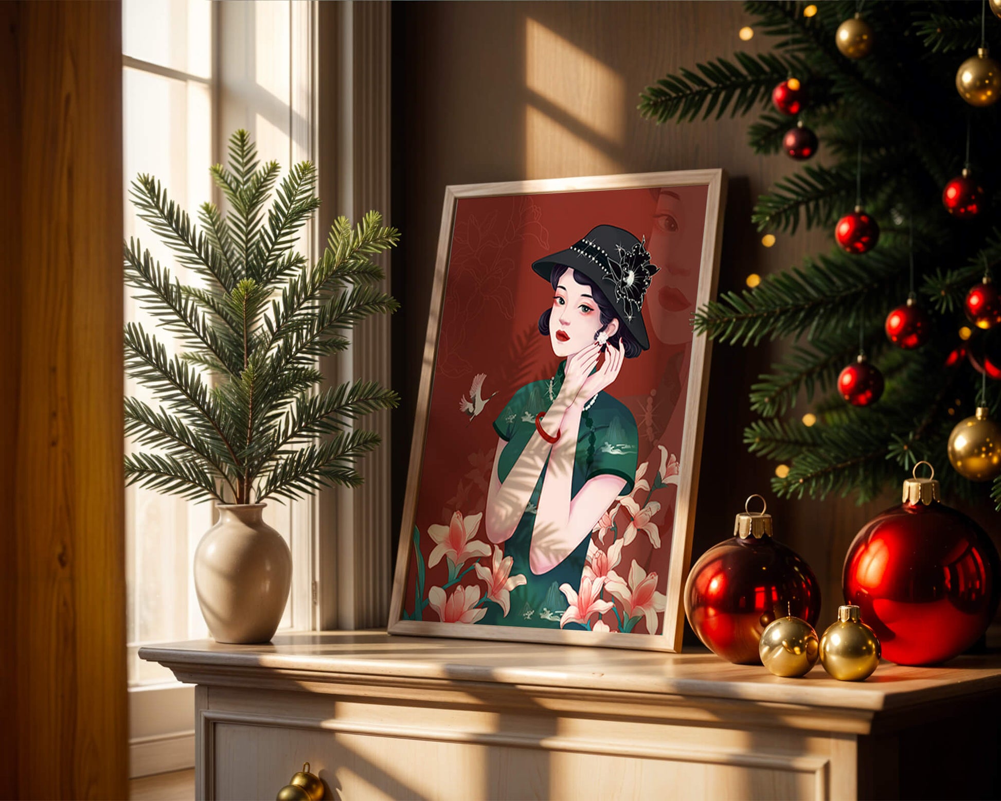 Elegant woman in vintage attire with floral hat and lilies