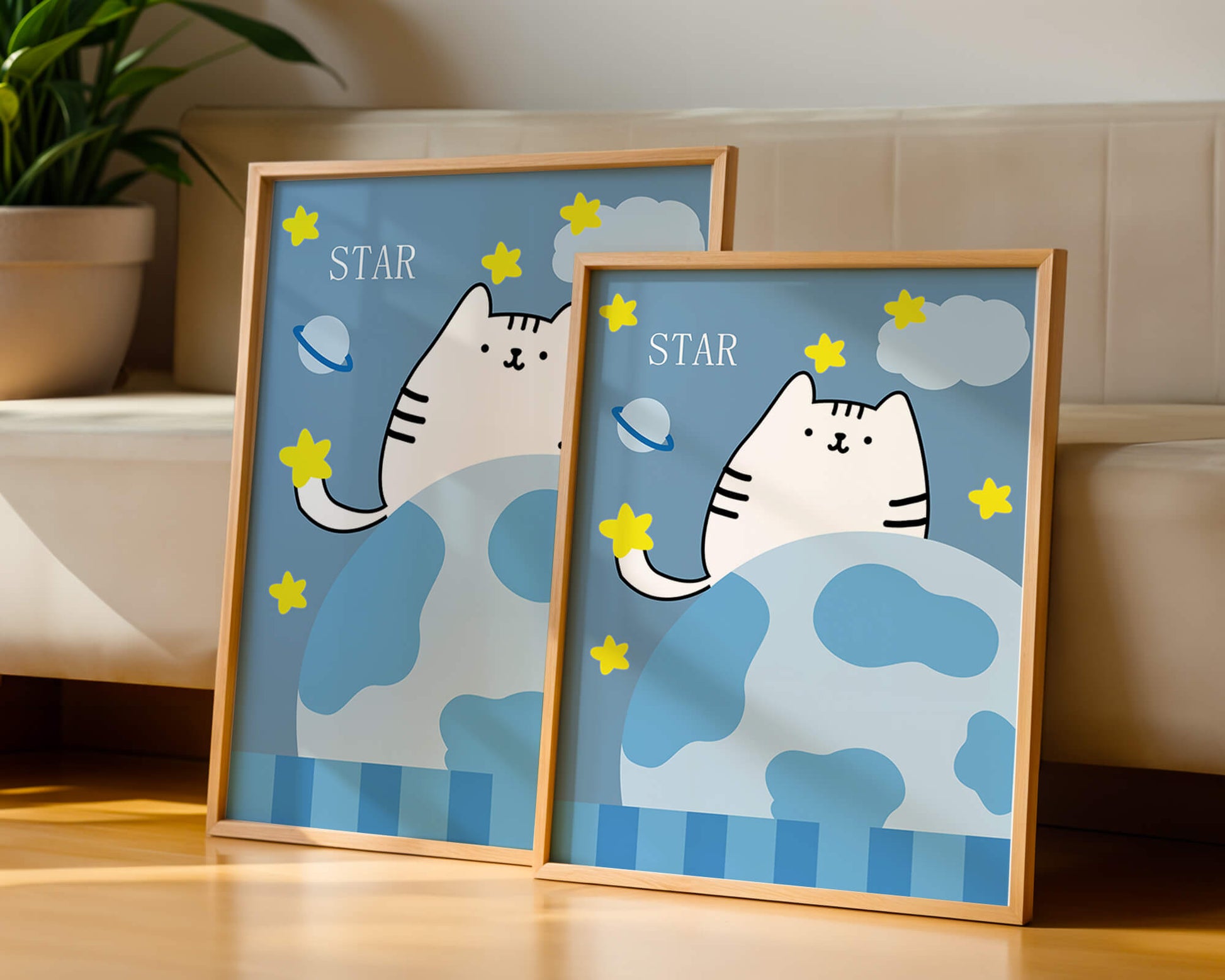 Illustration of a cute cat in space with stars and planets