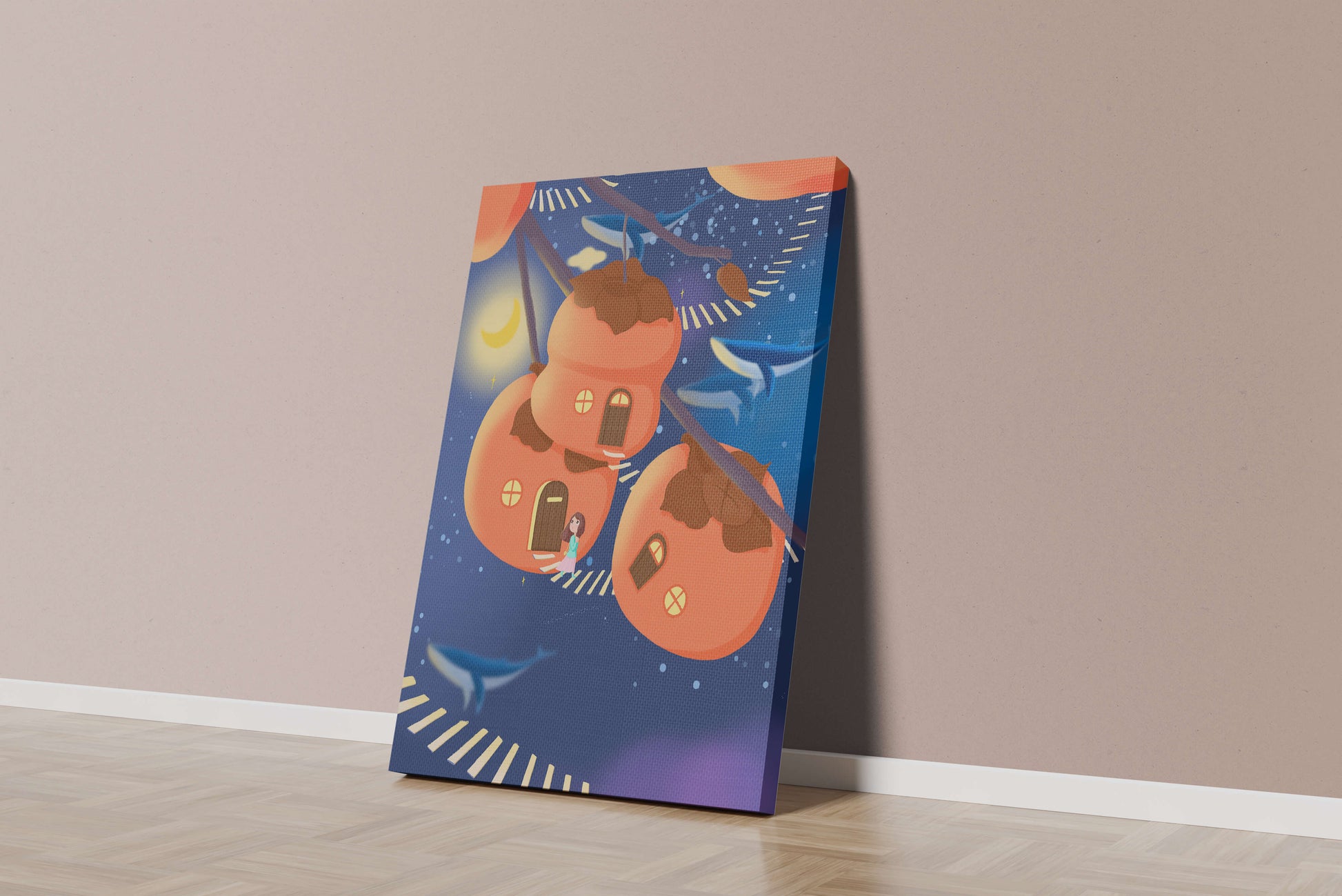 Whimsical night scene with floating persimmon houses and swimming whales