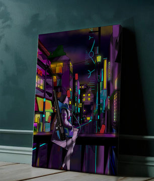 Paisaje urbano cyberpunk con un personaje futurista por la noche