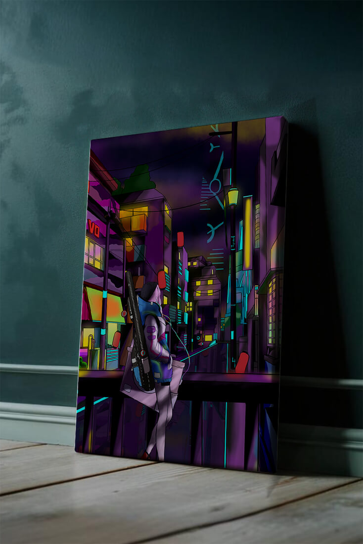 Cyberpunk cityscape with a futuristic character at night