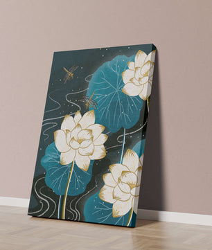 Elegant lotus flowers with dragonflies on a starry night background