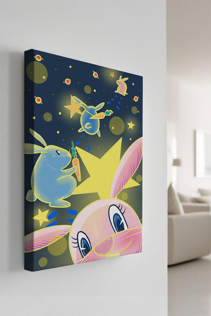 Playful bunnies with carrots and stars in a whimsical space scene