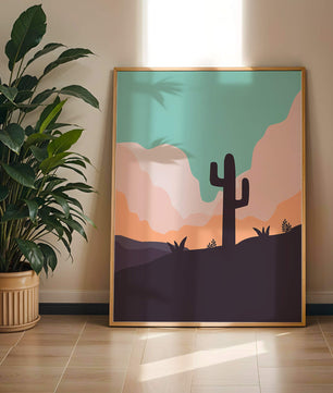 Abstract desert landscape with cactus silhouette at sunset