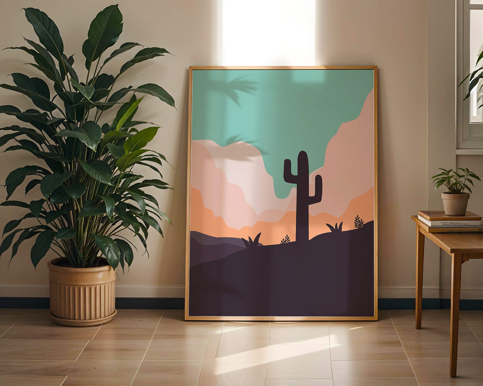 Abstract desert landscape with cactus silhouette at sunset