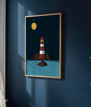 Escena nocturna tranquila con faro y estrellas que reflejan serenidad