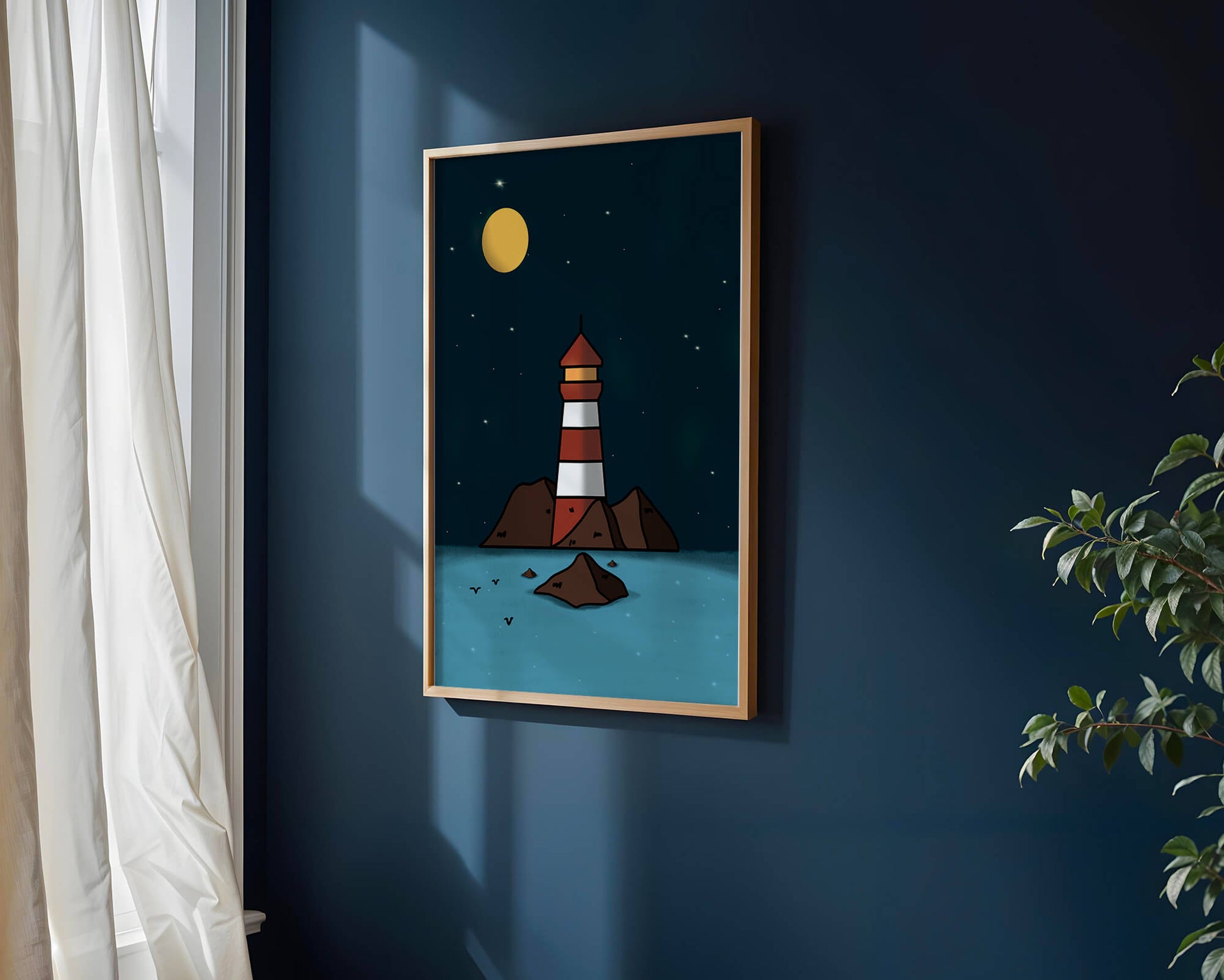 Escena nocturna tranquila con faro y estrellas que reflejan serenidad.