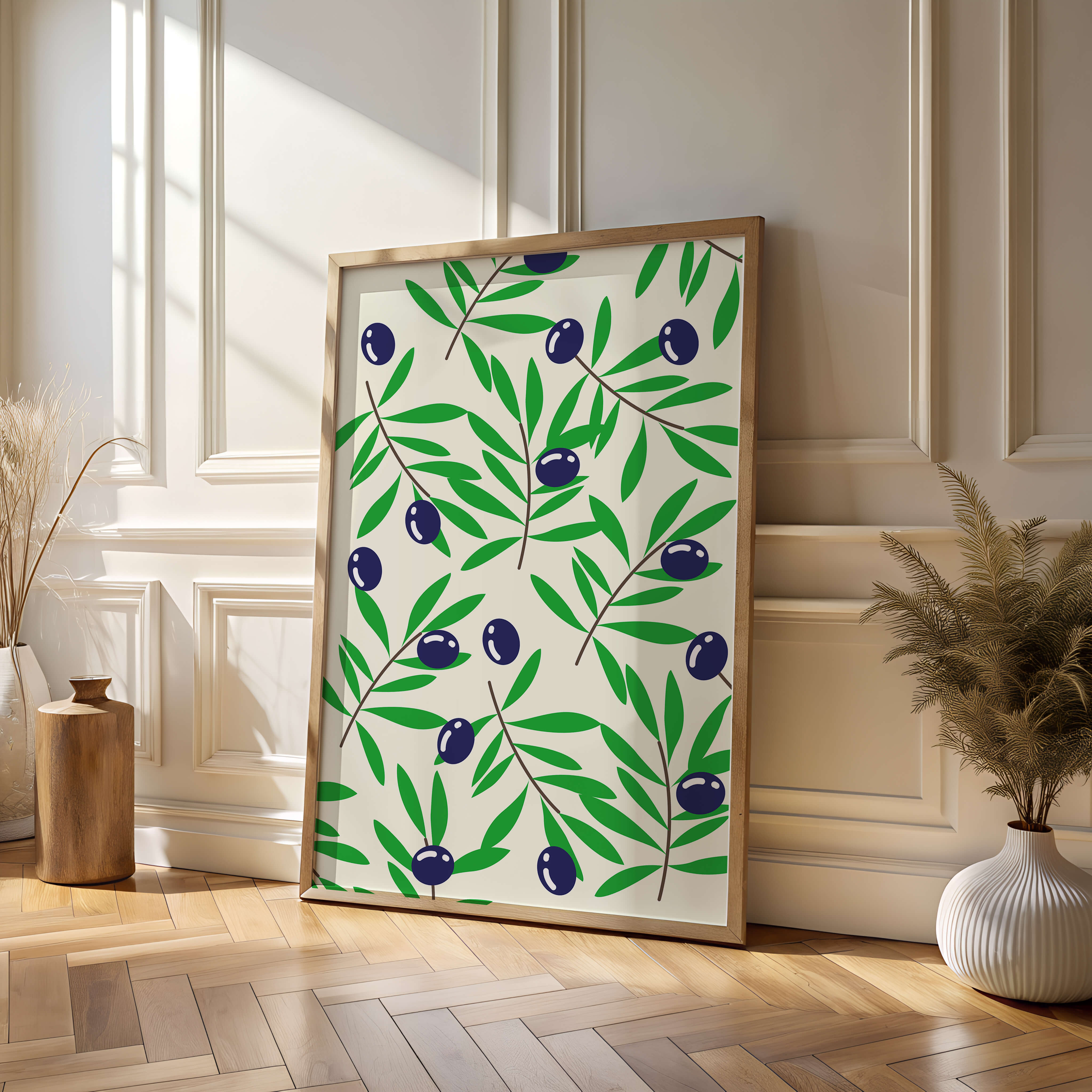 Olive branch pattern with green leaves and blue olives