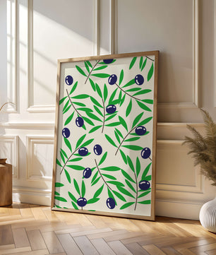 Olive branch pattern with green leaves and blue olives