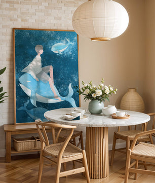 Illustration fantastique d'une personne sur une baleine bleue dans une scène sous-marine